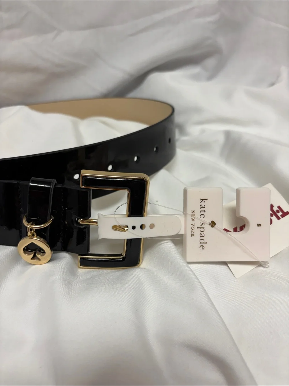 kate spade Black Patent Leather Belt with Gold Buckle and Charm